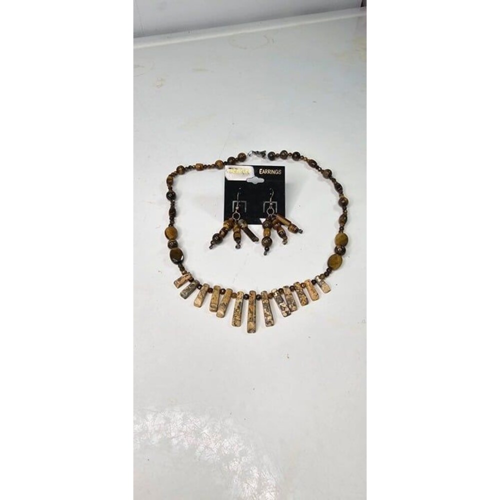 Picture Jasper Fringe with Tiger's Eye Beaded Necklace & Earring Set Handmade